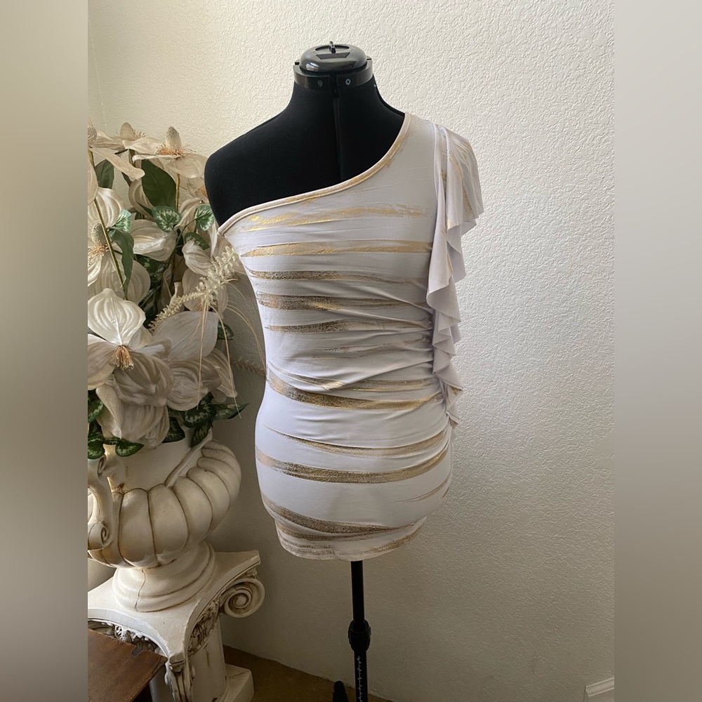Asymmetrical White and Gold Mini Dress - SYZE - Medium